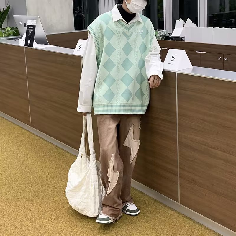 Áo Sweater Không Tay Họa Tiết Kim Cương Phong Cách Đường Phố Mùa Thu 2022 Mới Cho Nam