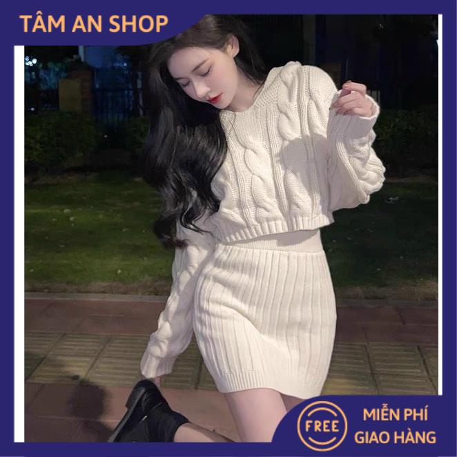 Set Len Nữ, Bộ Áo Sweater Tay Dơi Có Mũ Kèm Chân Váy Body Lưng Cao Chất Len Co Giãn Hack Dáng Chân Dài Miên Man.