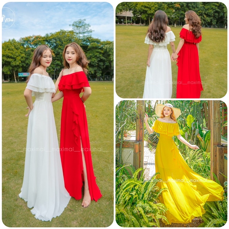 Maxi trễ vai xẻ tà