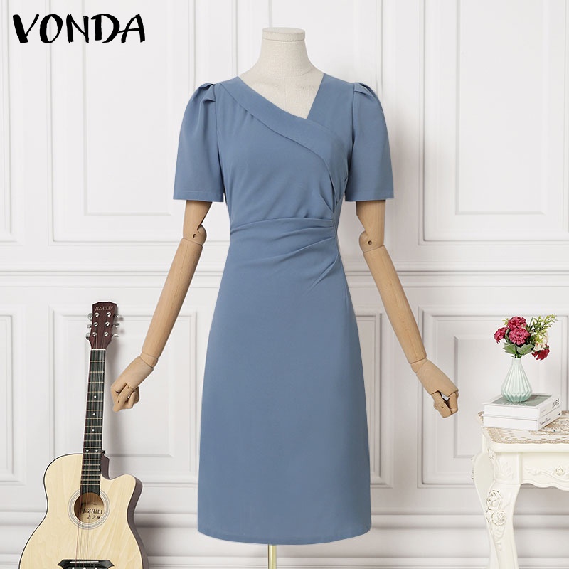 Đầm dài xếp ly VONDA tay ngắn cổ chữ V màu trơn khóa kéo sau lưng phong cách Hàn Quốc thời trang thanh lịch cho nữ