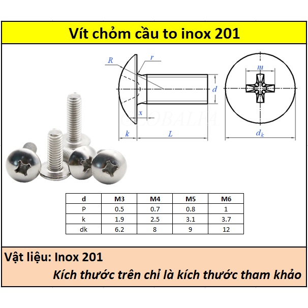 Bulong chỏm cầu to inox 201 M6