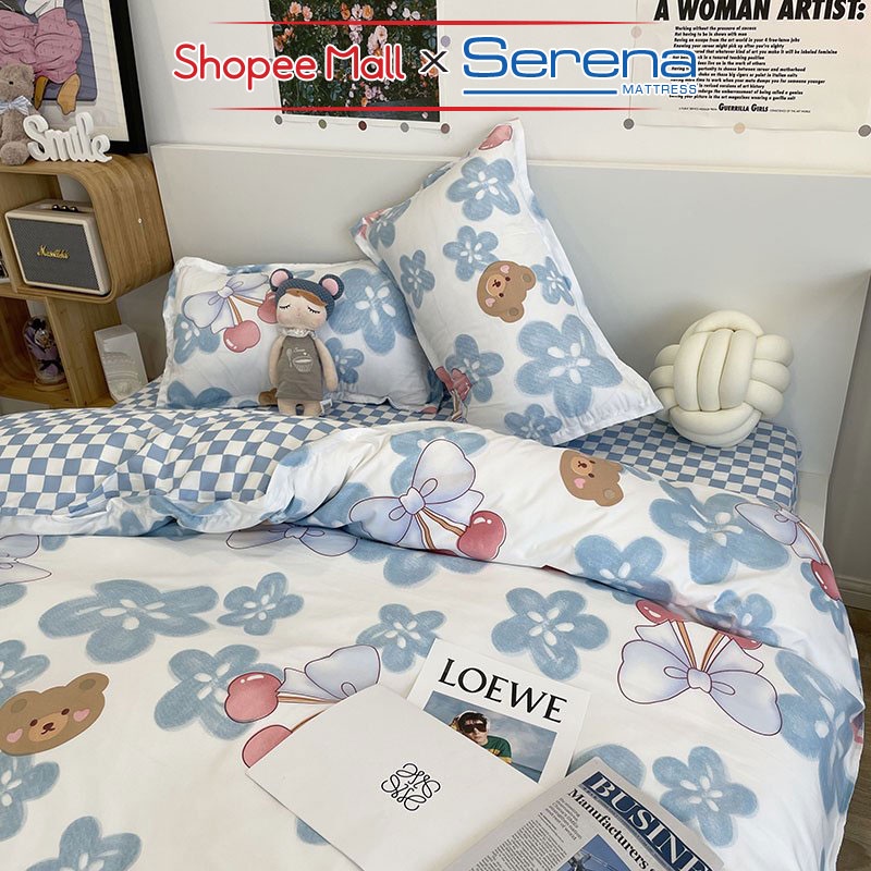 Bộ Ga Giường Chần Bông Full 5 Món Cotton Poly SERENA MATTRESS Chăn Ga Grap Ra Drap Gối Đệm Nệm Trải Phủ Giường Trần Bông