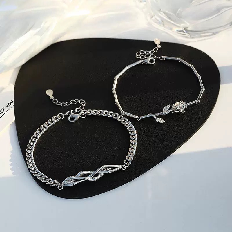 Vòng tay mạ bạc 925 thiết kế đơn giản thời trang cho cặp đôi nam nữ kiểu dáng Hoa Hồng