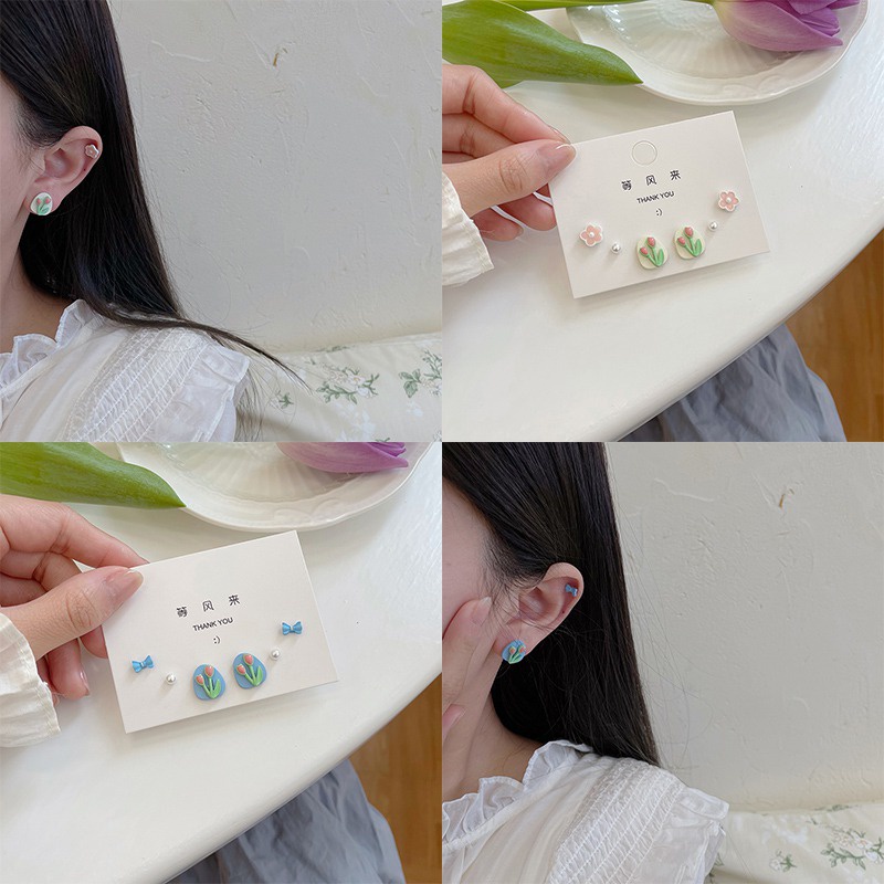 Bộ Sáu Chiếc Bông Tai Bạc Hình Hoa Tulip Nhỏ Nhẹ Sang Trọng Tinh Tế