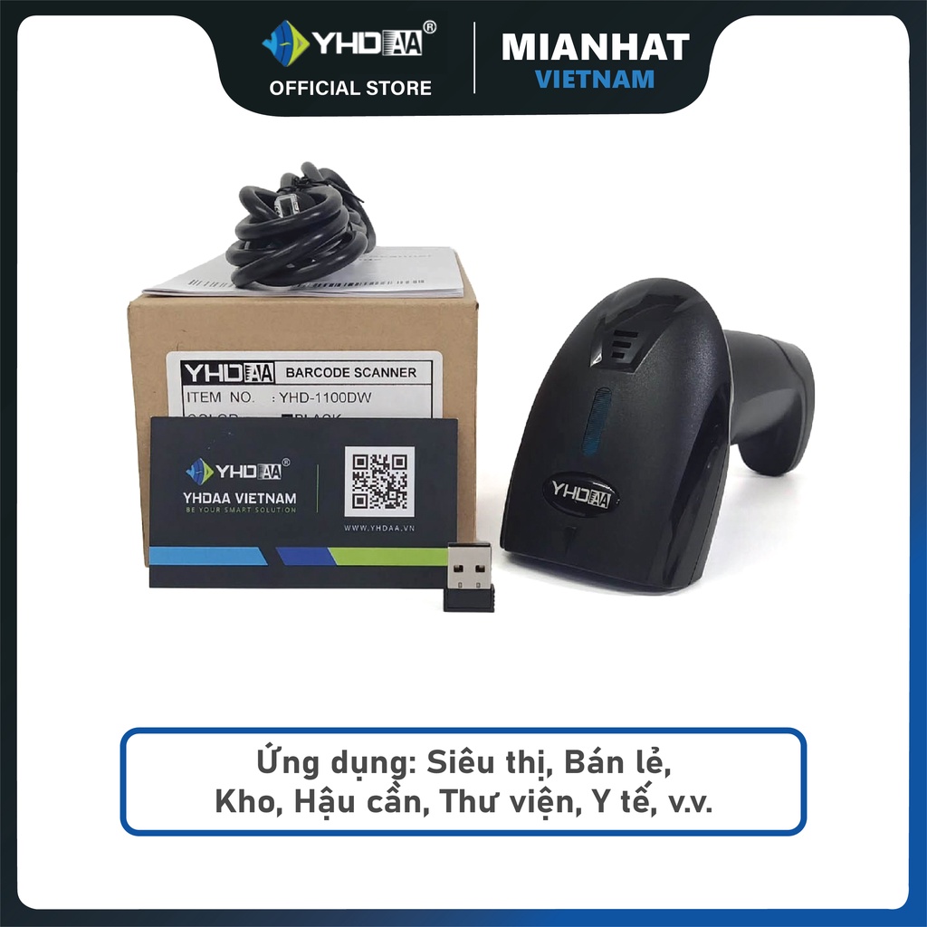 Máy bắn mã vạch không dây YHD 1100DW đọc mã vạch Barcode 1D Qrcode 2D kết nối USB dùng trên Máy tính