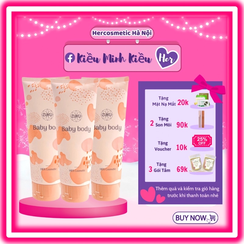 COMBO 3 Hộp KeM BaBy BOdy tặng kèm 3 gói tắm trắng , dưỡng trắng da mềm mịn ,kem lotion toàn thân,thơm dịu makeup cho da