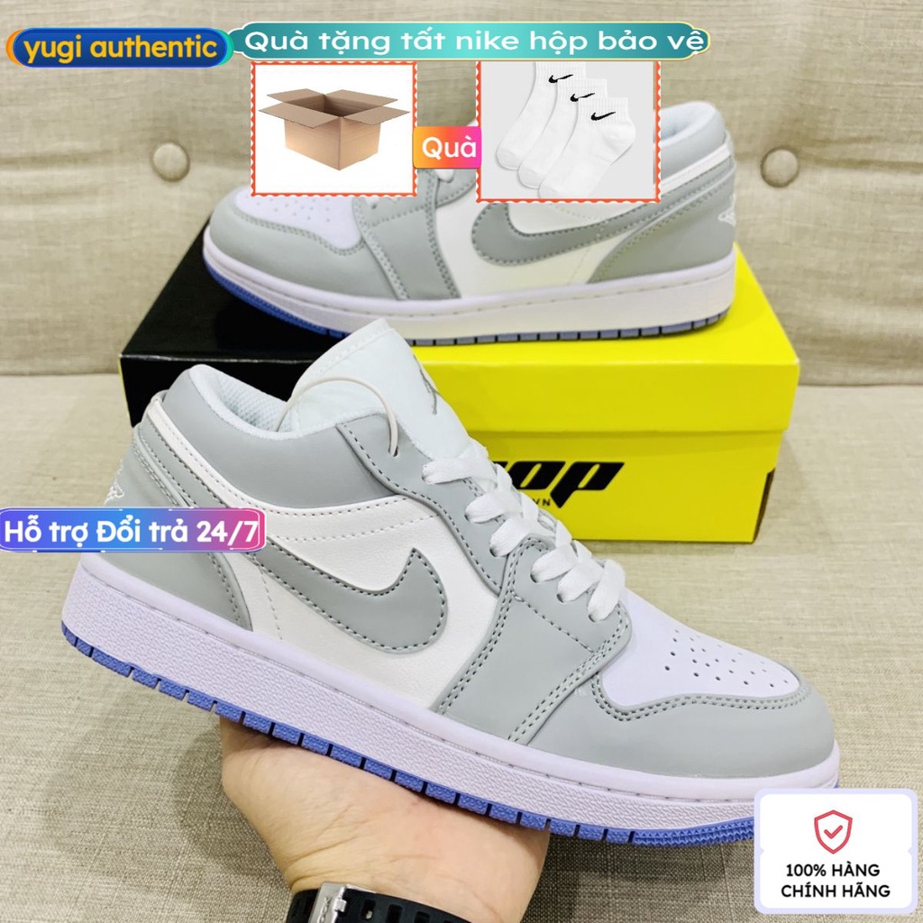 Giày Jordan cổ thấp màu xám nhạt đế xanh dương, Giày Jordan 1 low đế tím nam nữ, Sneaker air JD1 bóng rổ bản đẹp full