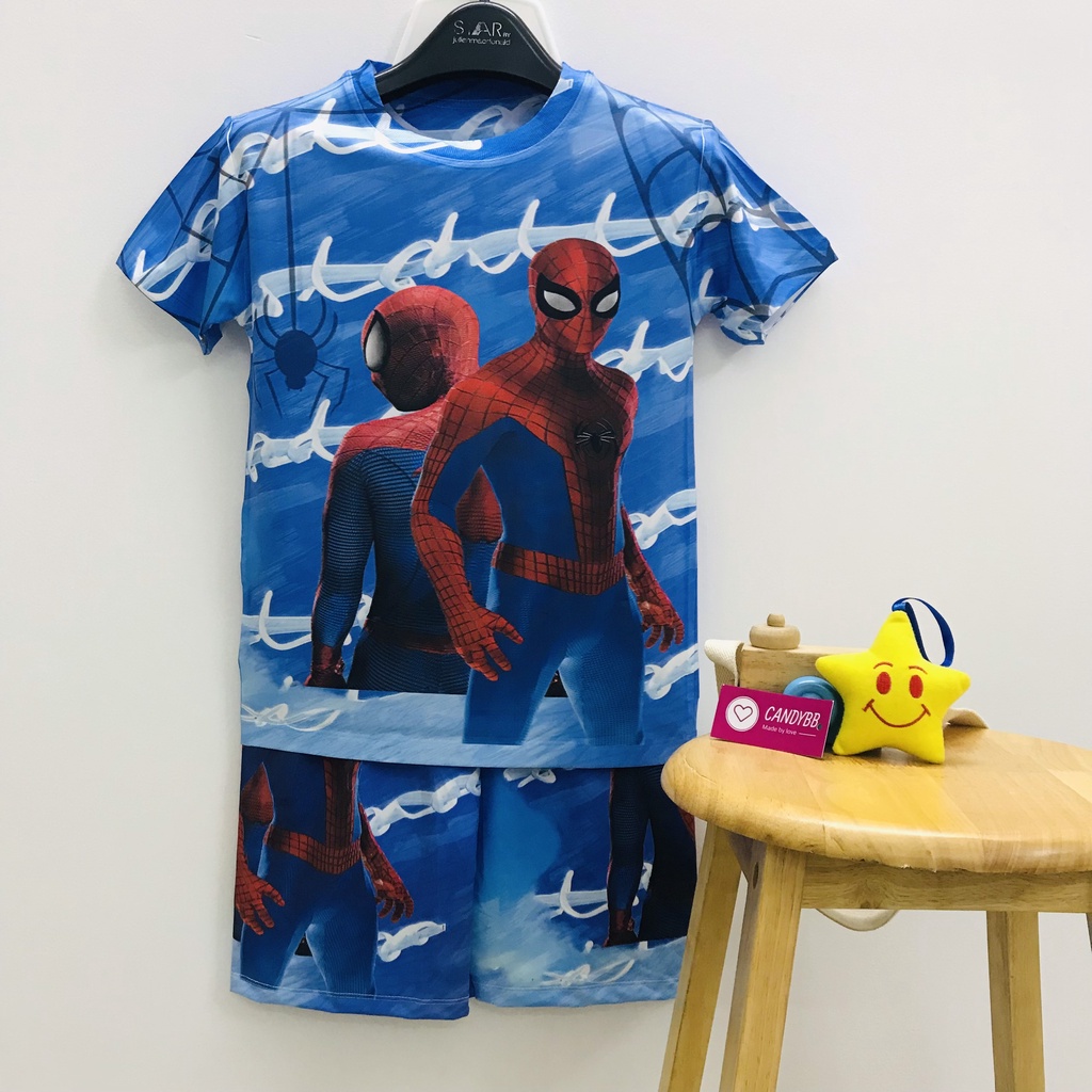Đồ bộ bé trai, bộ thun lạnh cộc tay bé trai in 3D hình siêu nhân Người Nhện - Spider Man size đại cho bé từ 10 - 60kg