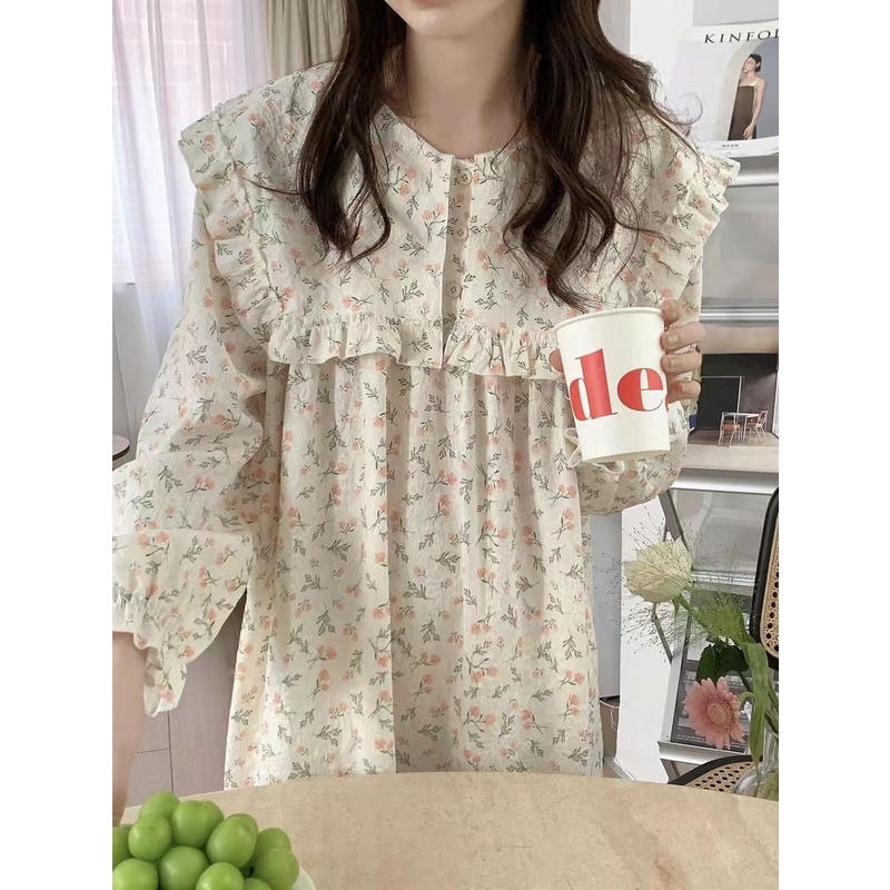 Đầm Ngủ Tay Dài Viền Bèo In Họa Tiết Hoa Hồng Ngọt Ngào Phong Cách Hàn Quốc Thời Trang Xuân Thu Mới Cho Nữ