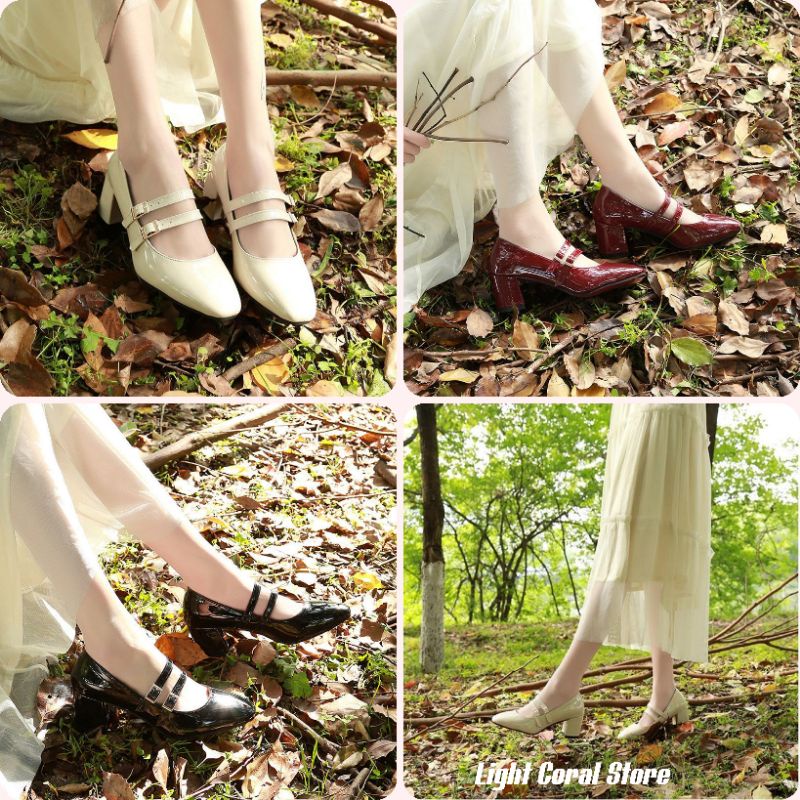 (ORDER) Giày búp bê mũi nhọn Lolita gót vuông đế 6 cm da bóng 3 màu (ảnh thật)