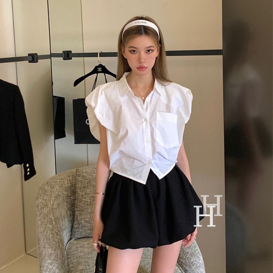 Áo sơ mi croptop HAC146 tay ngắn độn vai màu trắng Hỉn Hỉn Store