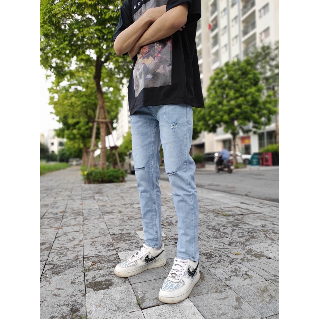 Quần bò nam rách gối co giãn tốt màu xanh ghi bạc xước mài slimfit skinny dáng ôm đẹp giá rẻ hà nội hcm chuyensiluxury