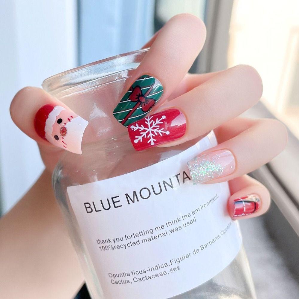 Set 24 Móng Tay Giả Hình Vuông Có Thể Tháo Rời Đính Kim Tuyến Lấp Lánh DIY Che Phủ Toàn Diện