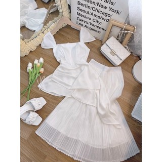 SET ÁO TRẮNG CỔ PETER  + CHÂN VÁY MIDI DẬP LY