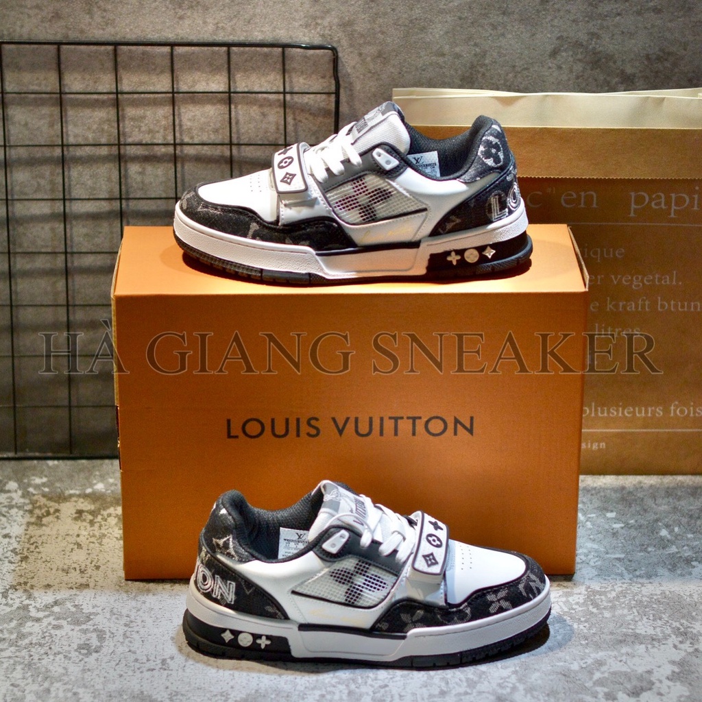 Giày thể thao LV Trainer cao cấp Đen Trắng Quai Dán, Full box + Hộp bảo vệ