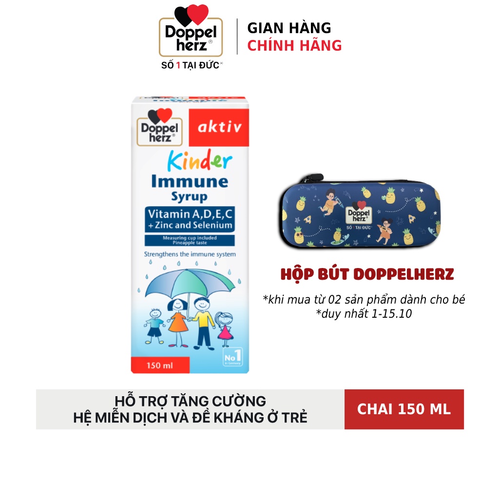 Siro tăng sức đề kháng phòng ngừa ốm vặt cho bé Doppelherz Aktiv Kinder Immune Syrup (Chai 150ml)