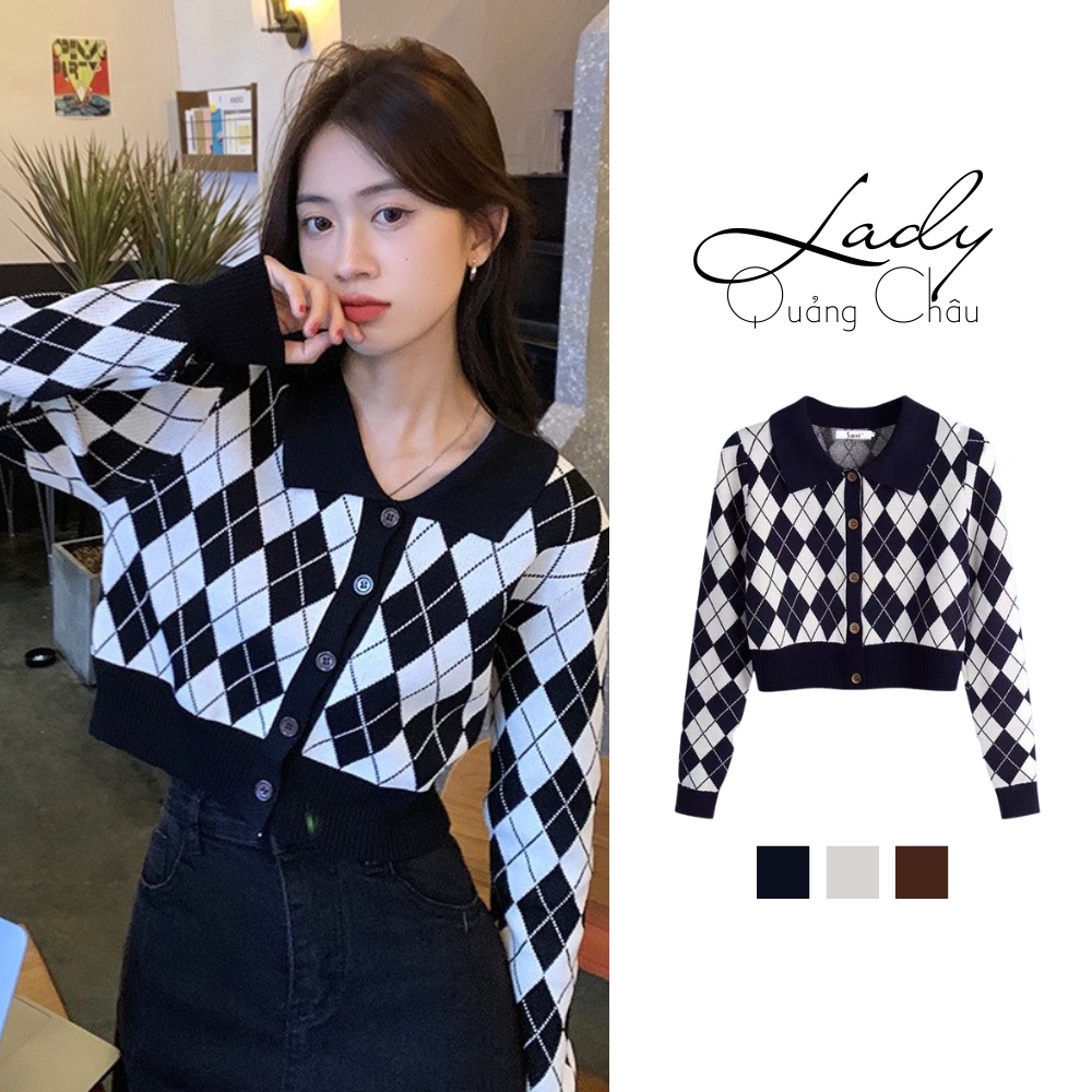 Cardigan croptop nữ cổ sơ mi vải len dáng ngắn họa tiết phối màu đen trắng ladyquangchau CG20