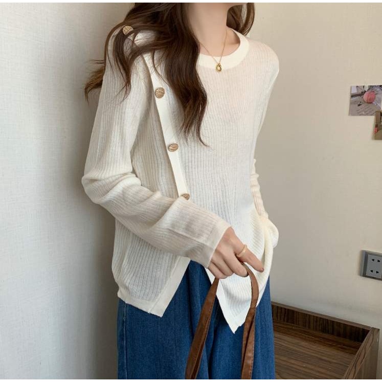 Áo nữ dệt kim ZHELIHANGFEI tay dài dáng rộng tà xẻ độc đáo dễ phối đồ