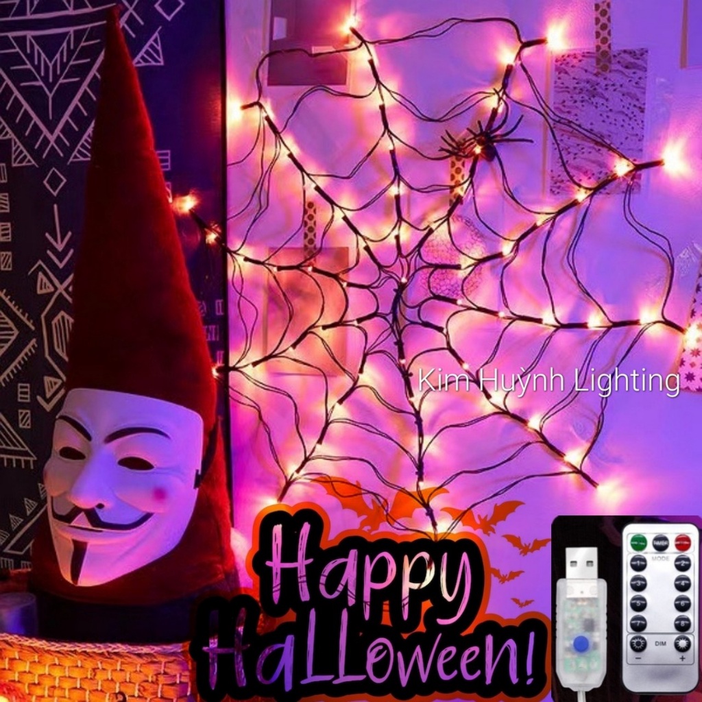 Đèn lưới mạng nhện trang trí Halloween kèm remote chỉnh 8 chế độ nháy