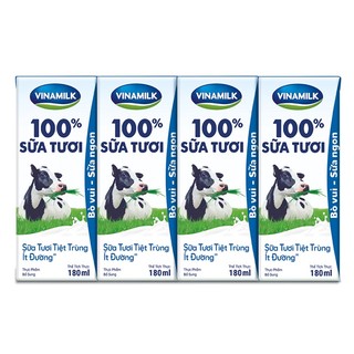 Sữa tươi tiệt trùng Vinamilk 100% Ít Đường - Lốc 4 Hộp x 180ml
