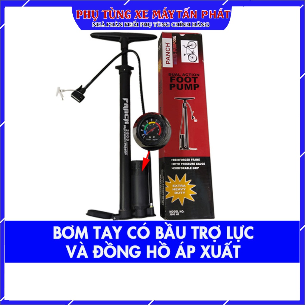 Ống Bơm Tay Cao Cấp Trợ Lực Kèm Đồng Hồ Dùng Bơm Xe Máy Xe Đạp Xe Đạp Điện Hãng Panch model 3803