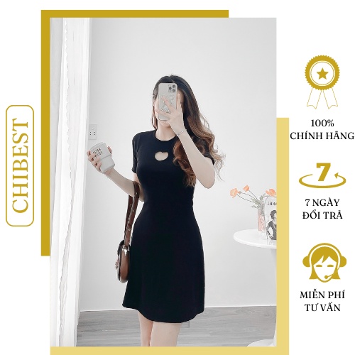 Đầm A thun gân tay ngắn cut hình tim Dáng Bassic Hàn Quốc CHIBEST 𝐋𝐃𝐁𝟗𝟏