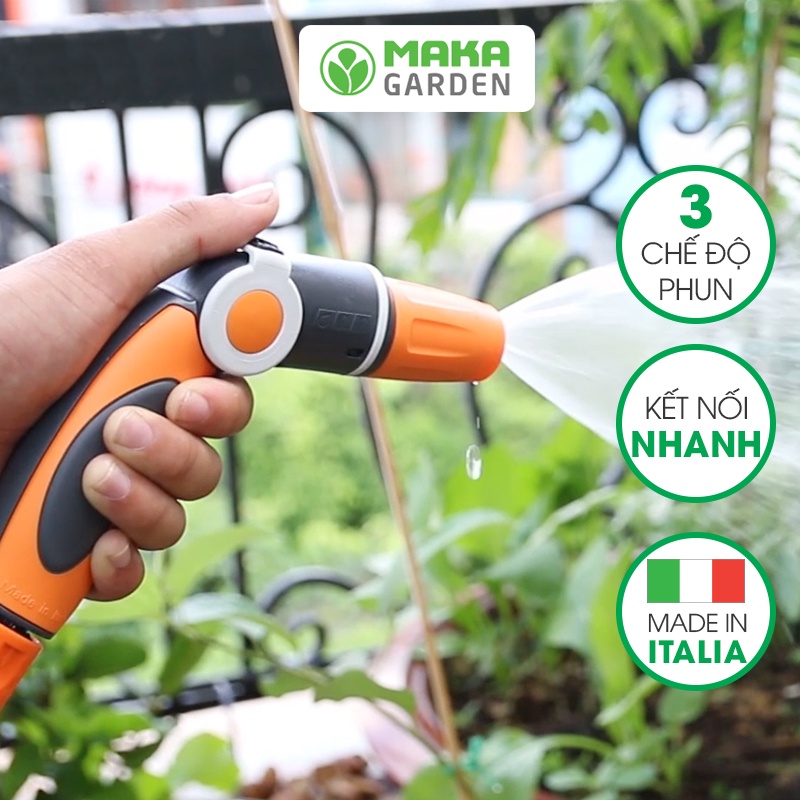 Vòi tưới cầm tay GF3538, thương hiệu GF- Ý, 3 kiểu phun, độ bền cao, tùy chỉnh lưu lượng, kết nối khớp nối nhanh.