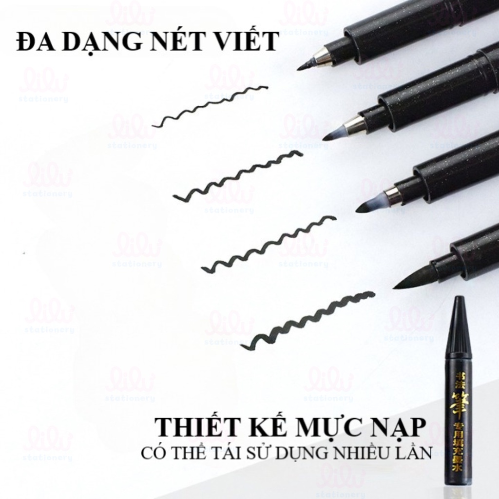 Bút lông dầu thư pháp màu đen 7 kích cỡ ngòi viết vẽ Calligraphy Kanji Hán tự cọ chữ nho brush lettering GN201