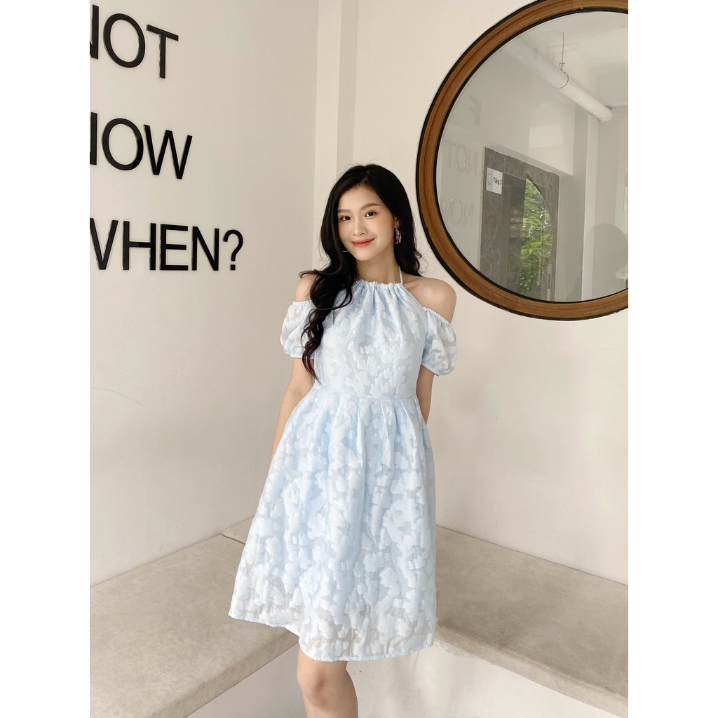 YU CHERRY | Đầm cổ yếm nữ thêu họa tiết đám mây, tay phồng, Momo Yem Dress YD159