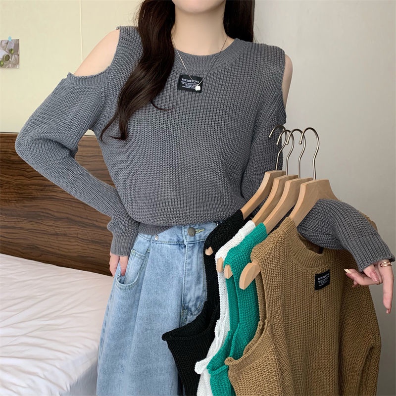 Áo sweater COZOKC dệt kim tay dài hở vai thời trang quyến rũ cho nữ
