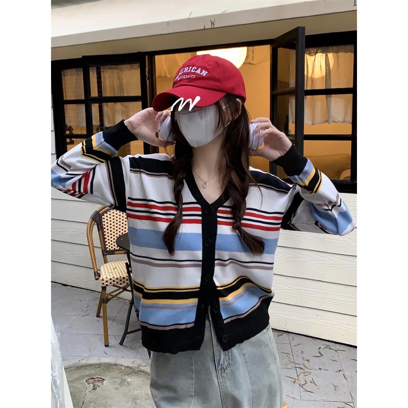 Áo khoác cardigan ZHELIHANGFEI dệt kim tay dài cổ chữ V lưng cao họa tiết kẻ sọc cầu vồng thời trang