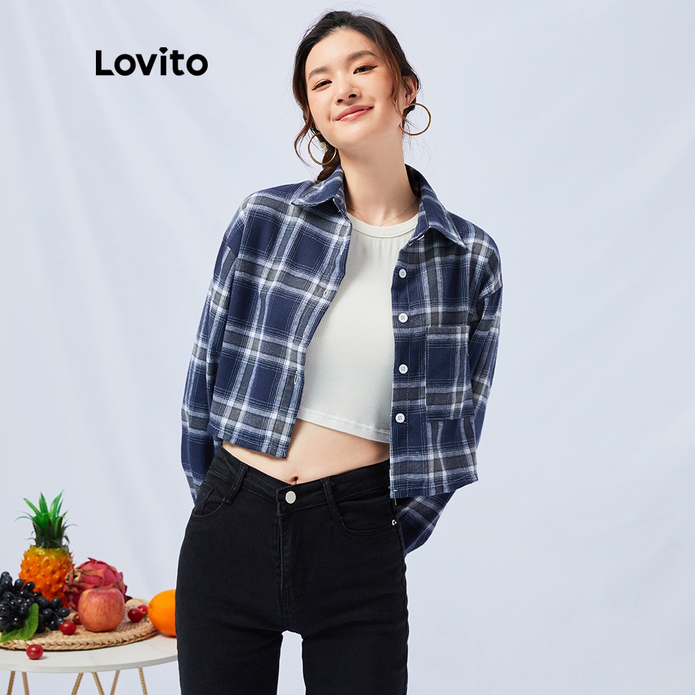 Lovito Preppy Áo sơ mi kẻ sọc cổ áo Tartan nút màu xanh dương L11013