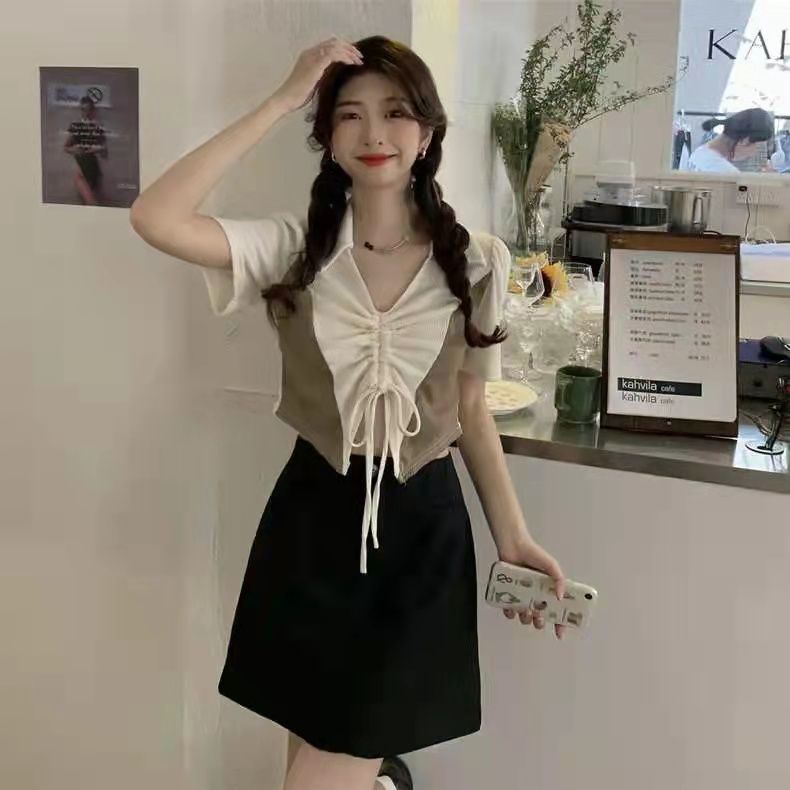 Áo Thun Ngắn Cổ Chữ V Phối Dây Rút Thời Trang Mùa Hè Hàn Quốc Mới 2022 Cho Nữ