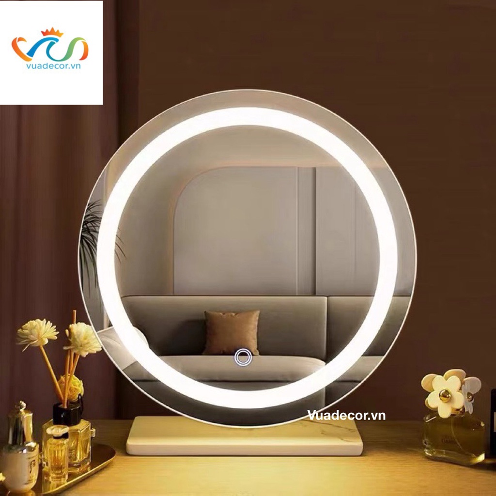 Gương tròn để bàn trang điểm có led cảm ứng cao cấp VUADECOR (Tặng đế gỗ)