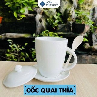 Cốc, ly uống nước quai kèm thìa, gốm sứ bát tràng cao cấp đẹp tdu02