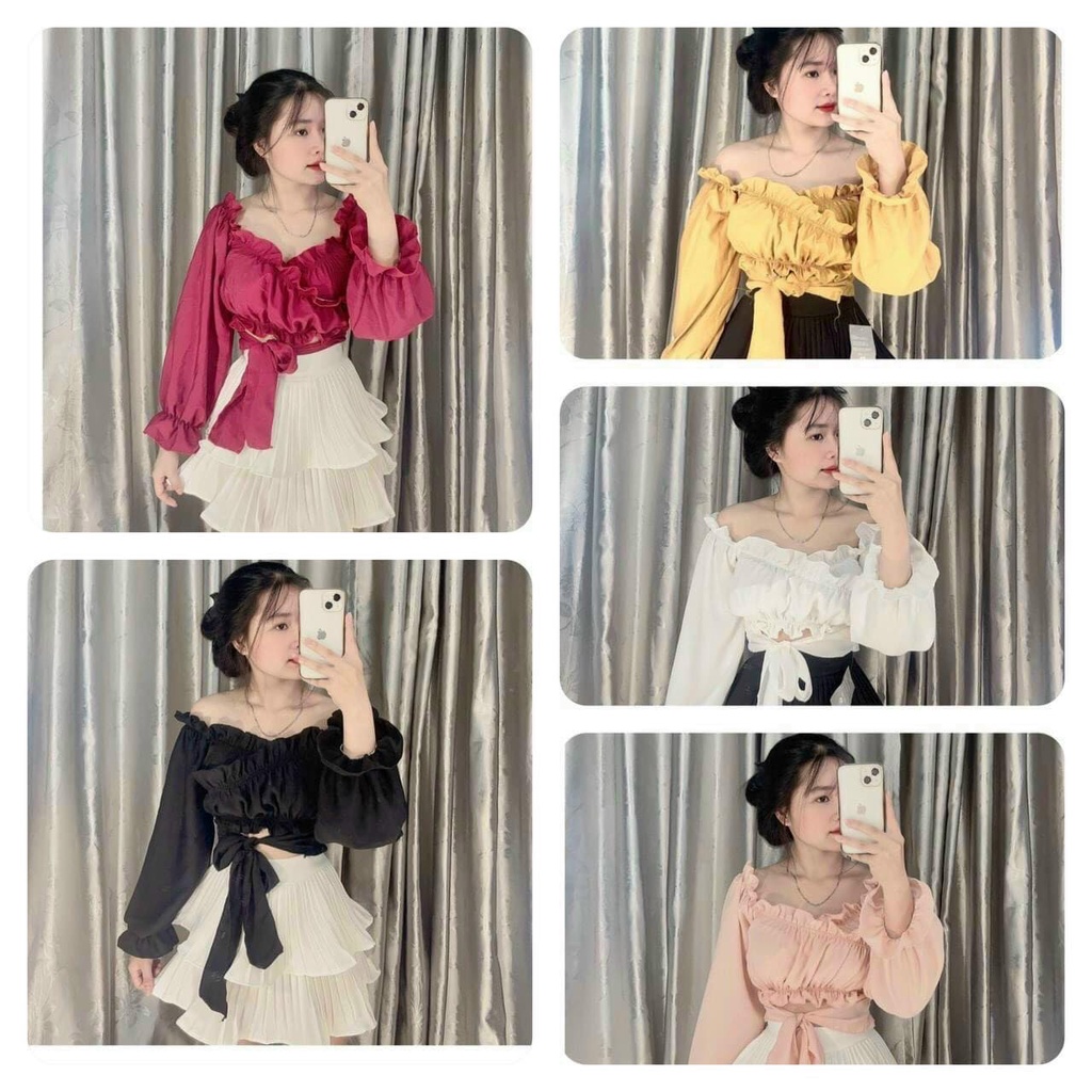 Áo Kiểu Đắp Chéo Tay Dài Cột Nơ