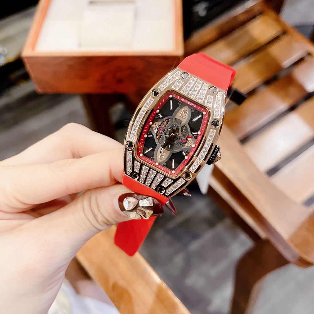 Đồng Hồ Cặp Đôi Hanboro Nam Máy Automatic, Nữ Máy Pin , Dây Cao Su Màu Đỏ , Size 36mm/48mm fullbox