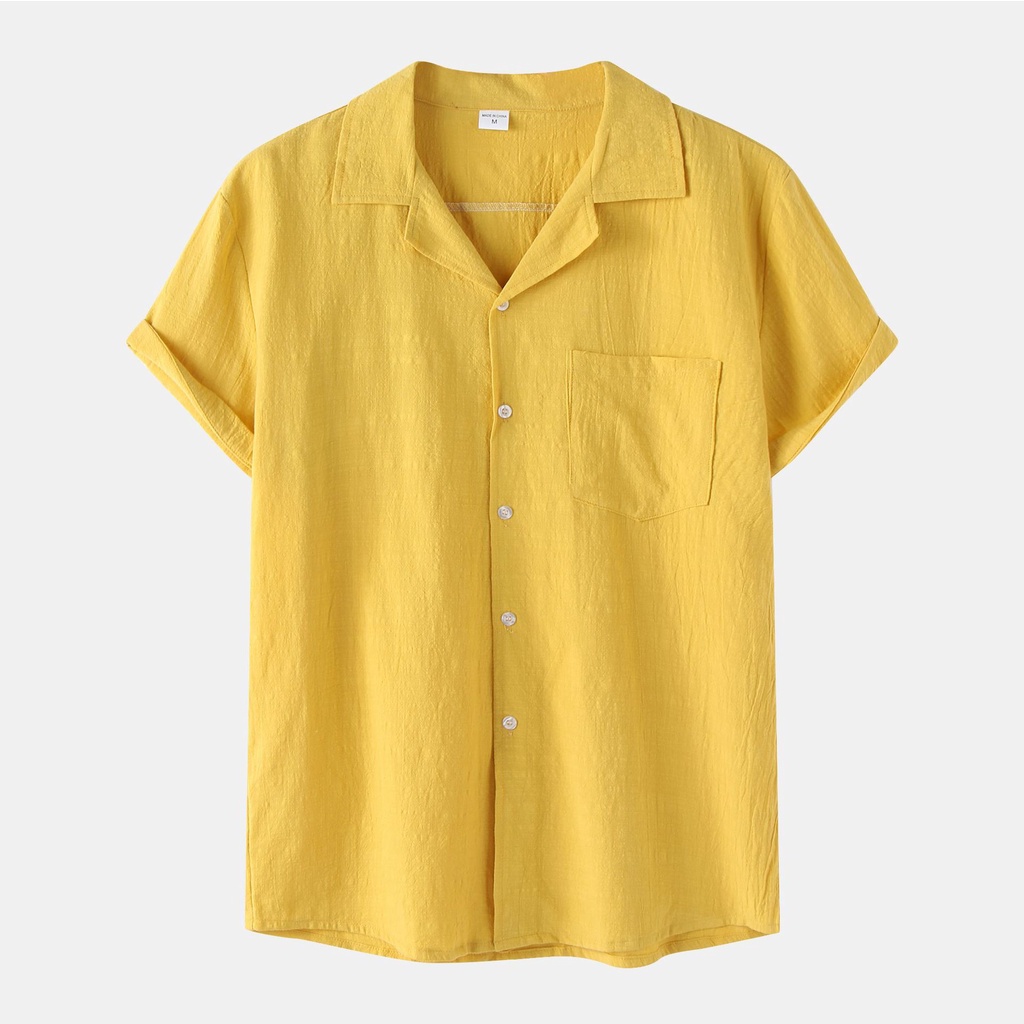 Áo Sơ Mi Polo Vải Lanh cotton Trơn Cổ Bẻ Cài Nút Có Túi Màu Trắng / Đen / Vàng / Xanh Lá Quân Đội Thời Trang Mới 2022 Cho Nam