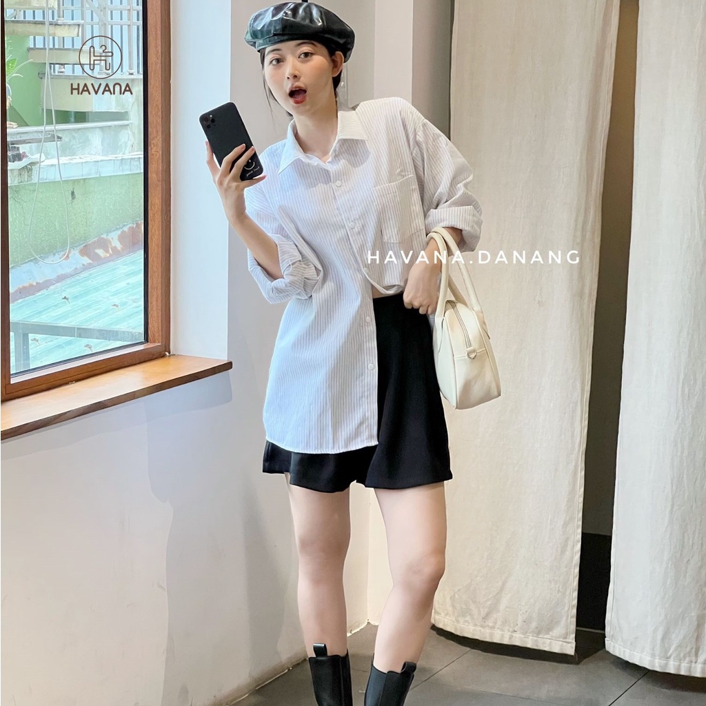 Áo sơ mi nữ dài tay, sơ mi dáng rộng họa tiết kẻ sọc phong cách Hàn Quốc AE255 | BigBuy360 - bigbuy360.vn