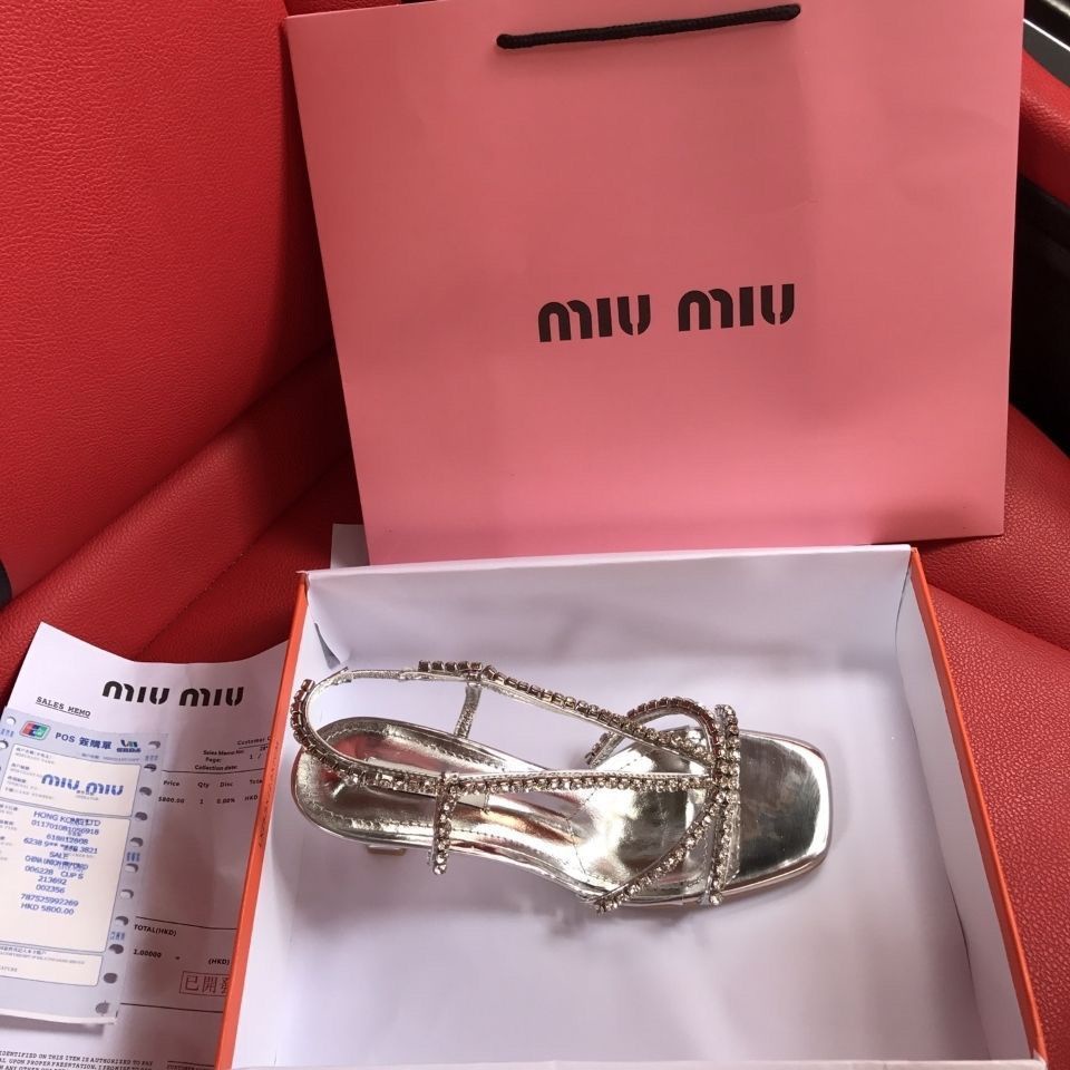 MIU MIU Giày Cao Gót Mũi Nhọn Đính Đá Thời Trang Mùa Hè Dành Cho Nữ