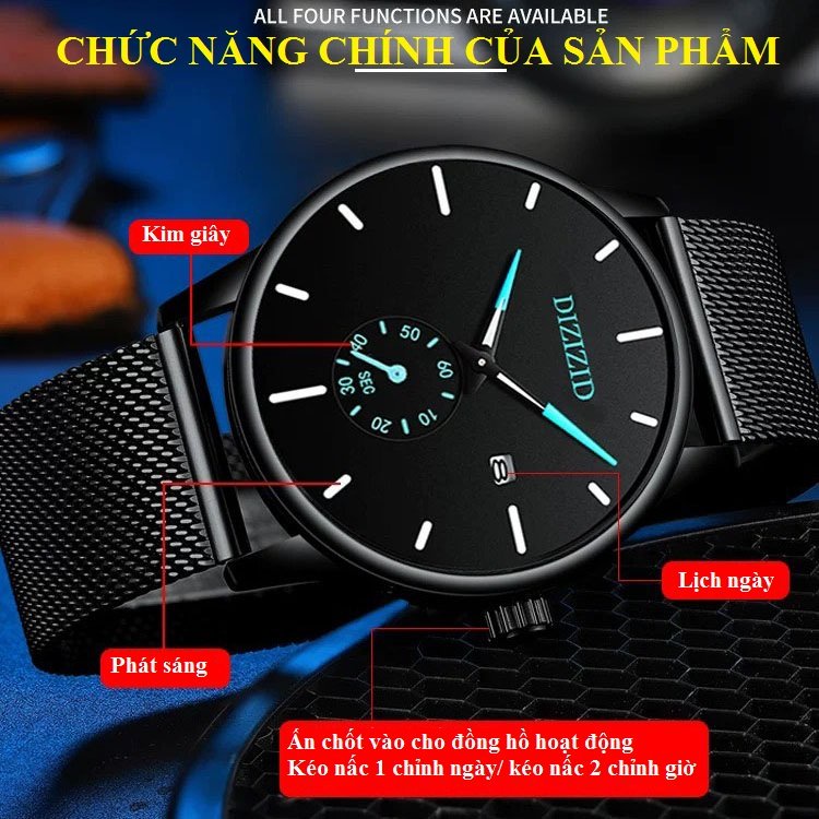 Đồng hồ nam cao cấp DIZIZID chính hãng dây thép lụa đen chạy Full kim và lịch ngày - Mặt mỏng phối màu thời thượng DZ89