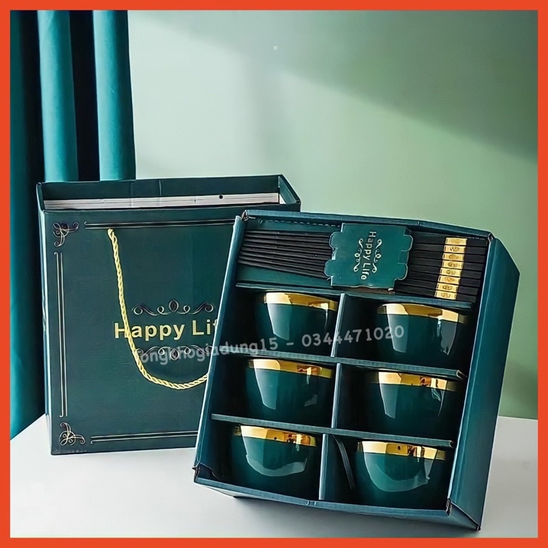 Bộ 6 Bát ăn cơm, chén ăn cơm sứ Viền Vàng hình trụ tặng kèm 6 đôi đũa - bát decor phong cách Hàn Quốc