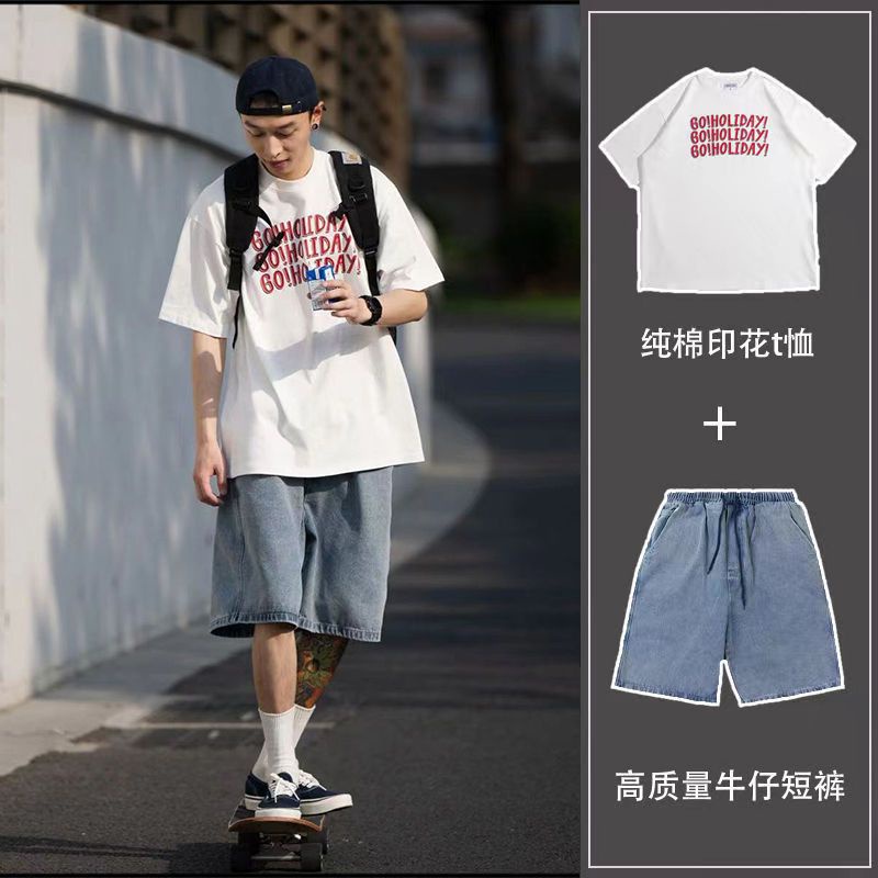 Bộ Áo Thun Ngắn Tay + Quần Jean Thời Trang retro Nhật Bản Cá Tính Cho Nam