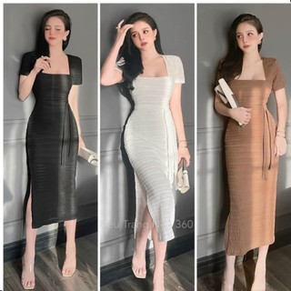 Đàm ôm body cổ vuông tay ngắn cột dây eo thanh lịch - chất xốp