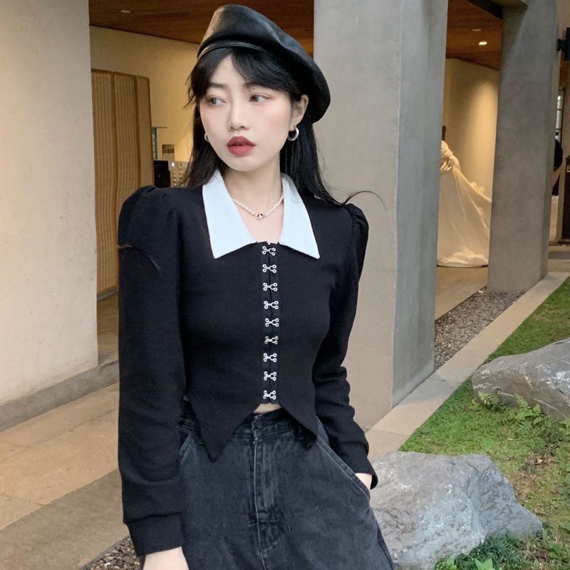 Áo Khoác Sơ Mi Tay Phồng Dài Màu Đen Phong Cách Hàn Quốc Thời Trang Mùa Xuân Cho Nữ