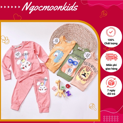 Bộ Dài Tay Cho Bé Gái, Bé Trai Minky Mom Vải Cotton Hoạ Tiết Thỏ Sư Tử Gấu, Bộ Quần Áo Trẻ Em Thu Đông MKMTD2204