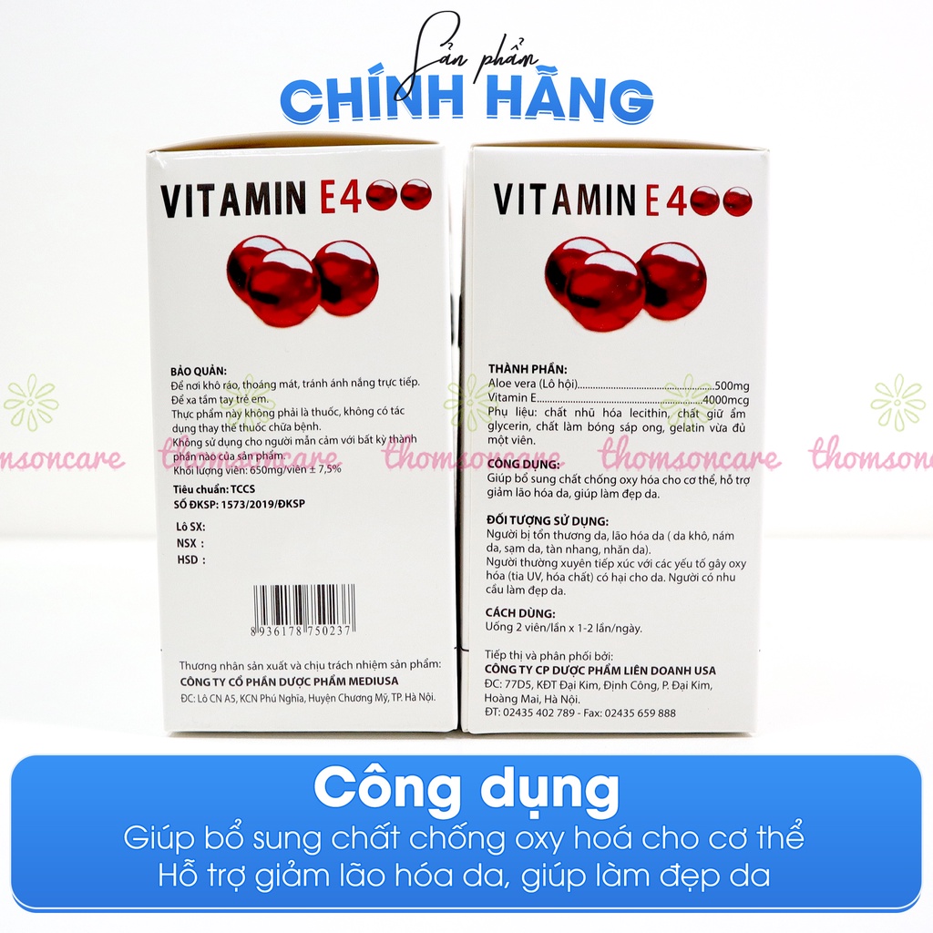 Bổ sung Vitamin E đỏ 400 IU, hỗ trợ làm đẹp da, ngăn ngừa lão hóa, có thêm lô hội, tương tự E đỏ Nga Hộp 100 viên