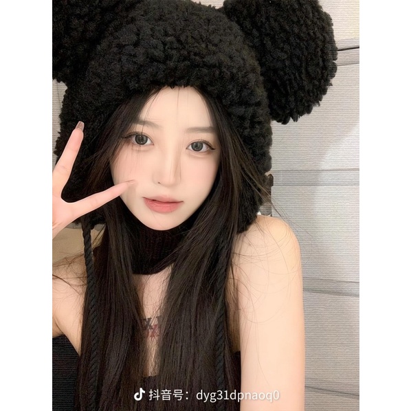 Mũ Len Lông Cừu , Mũ Len Mùa Đông Đính Tai Gấu Xinh Xắn Phong Cách Hàn Quốc Cho Nữ Doulbeh.Store