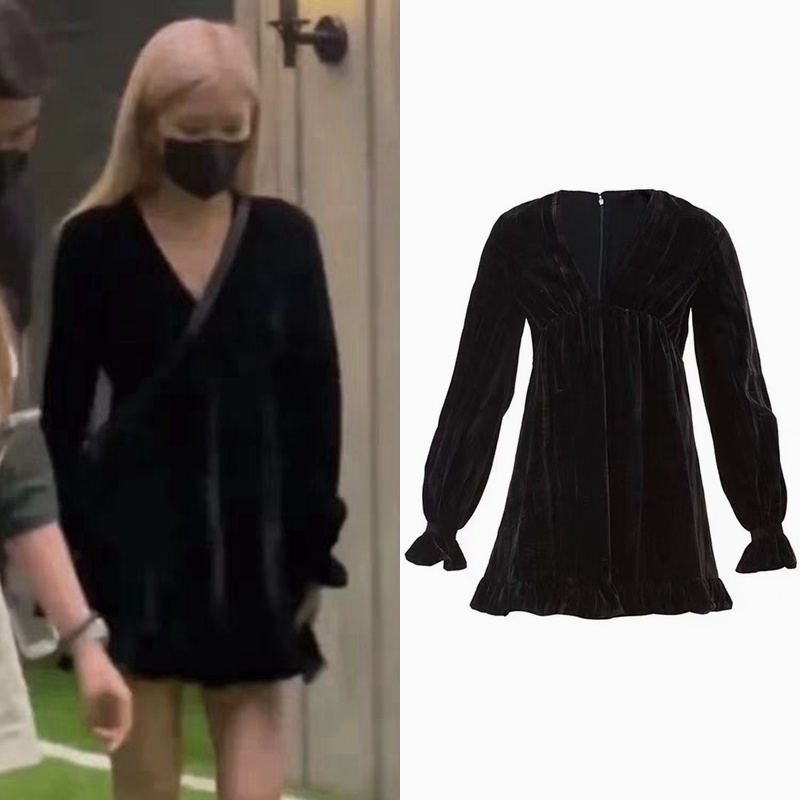 Blackpink Rose Nhung Đen Dài Tay Cổ Chữ V Phối Bèo Phong Cách Retro Pháp Nữ Tính Ngọt Ngào