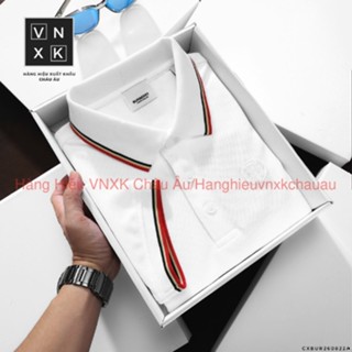 Áo Thun Nam Polo Logo Thêu Sau Cổ BURBERRY VIỀN ĐỎ LONDON ENGLAND Vải Dệt Kim Cao Cấp Sang Trọng